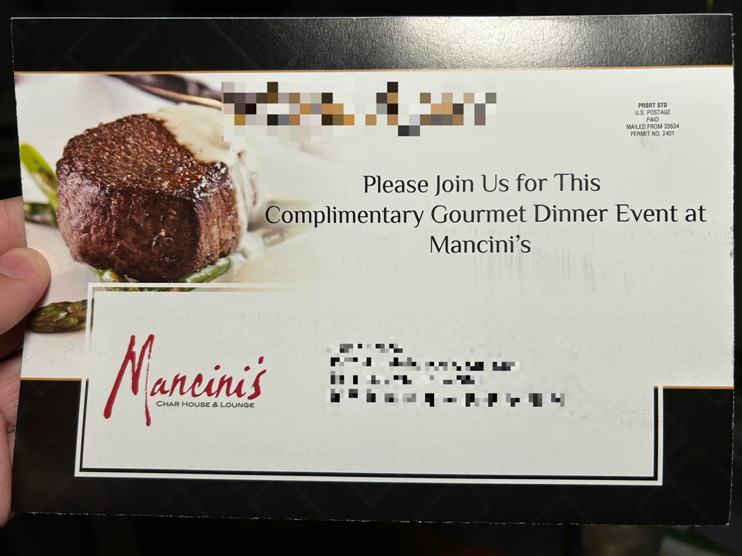 A complimentary gourmet dinner event mailer featuring a steak
