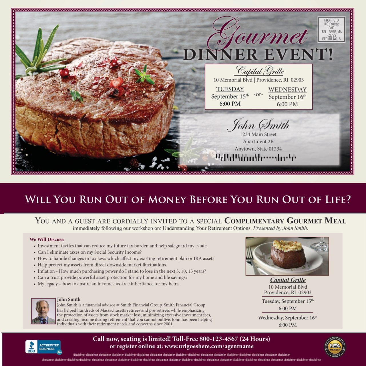 A traditional gourmet retirement dinner event mailer