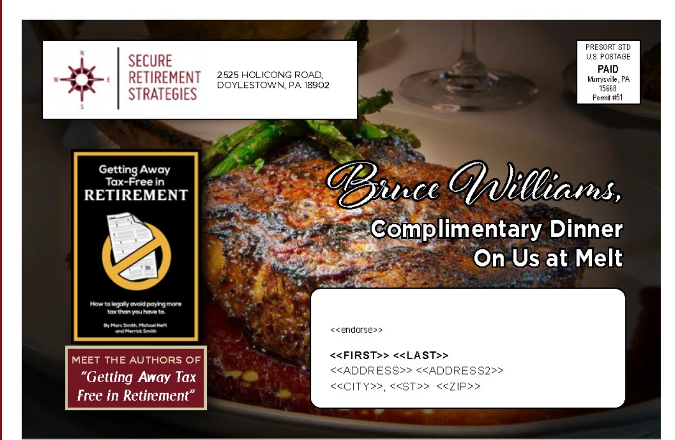 A personalized complimentary retirement dinner mailer